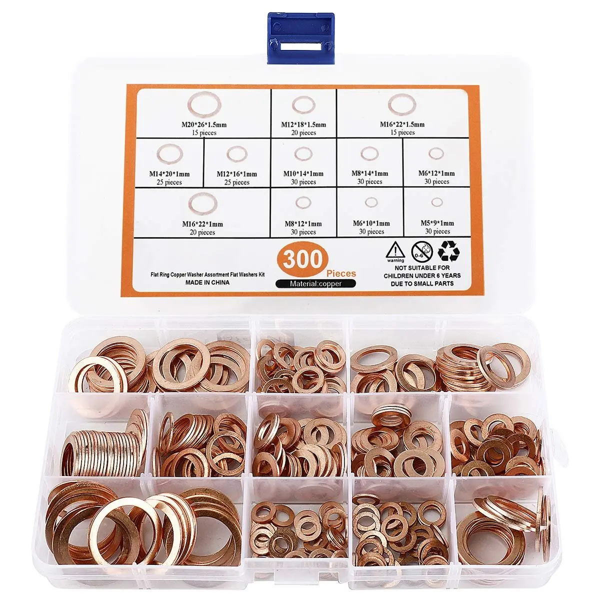 Copper Washer  Set, 300 count 12-Sizes Copper Metric Sealing Washers Kit, Flat Washers  Set - M5 M6 M8 M10 M12 M14 M16 M20