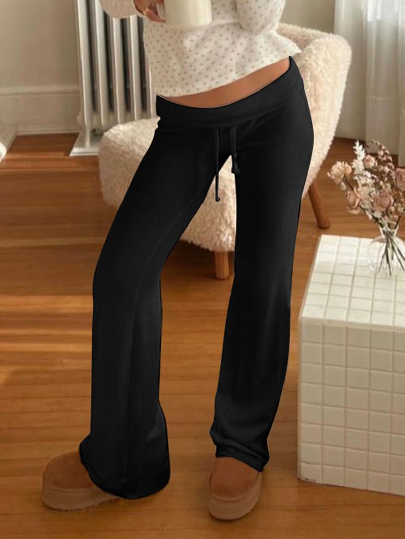 Women's Solid Drawstring Waist Pants, Casual Comfy Straight Leg Trousers for Daily Wear, Rib Flares Pants, Ladies Bottoms for Spring & Summer & Fall