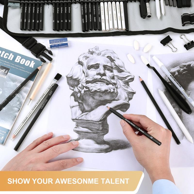 60Pcs Sketching Pencil Set with A5 Sketchbook, Includes Graphite & Charcoal Pencils, Blending Stumps, Erasers, and More - Professional Art Supplies for Adults, Ideal for Sketching & Shading, Art Drawing Supplies