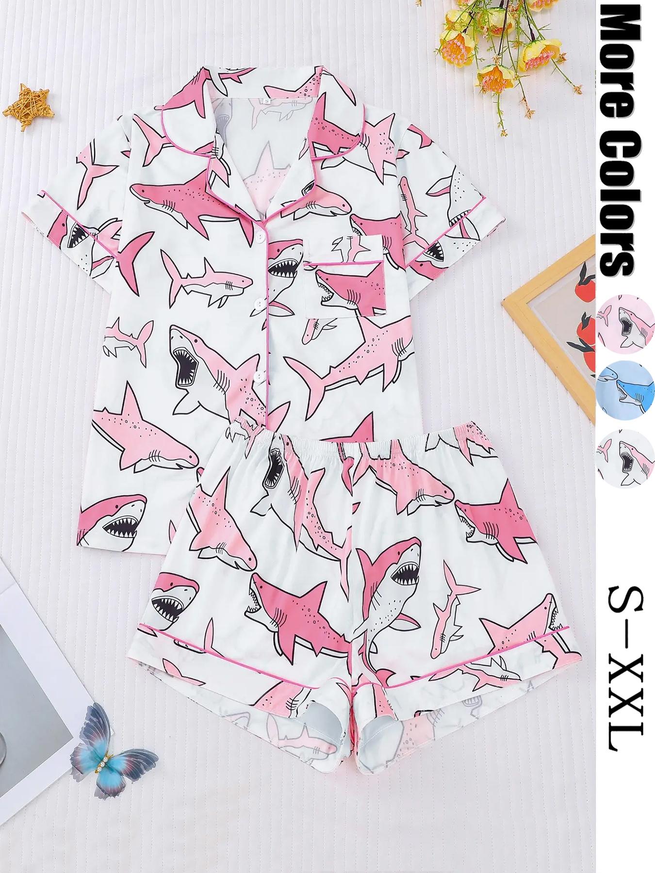 Women's All Over Animal Print Crop Shirt & Elastic Waist Shorts Pyjama Two-piece Set, Casual Comfy Short Sleeve Top & Shorts Pj Set, Ladies Sleepwear for All Seasons