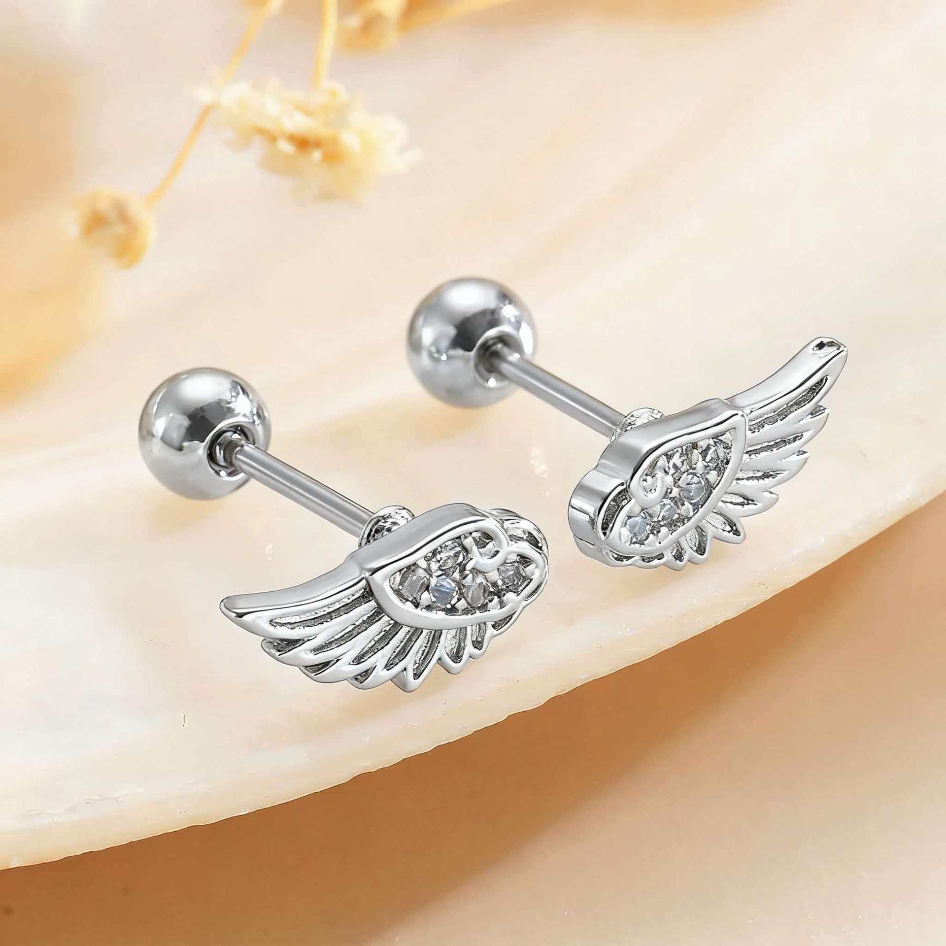 Angel Wings Design Couple Cartilage Piercing Ear Studs, Sweet and Cool Hot Girl Style Micro Inlaid Zirconia Earrings