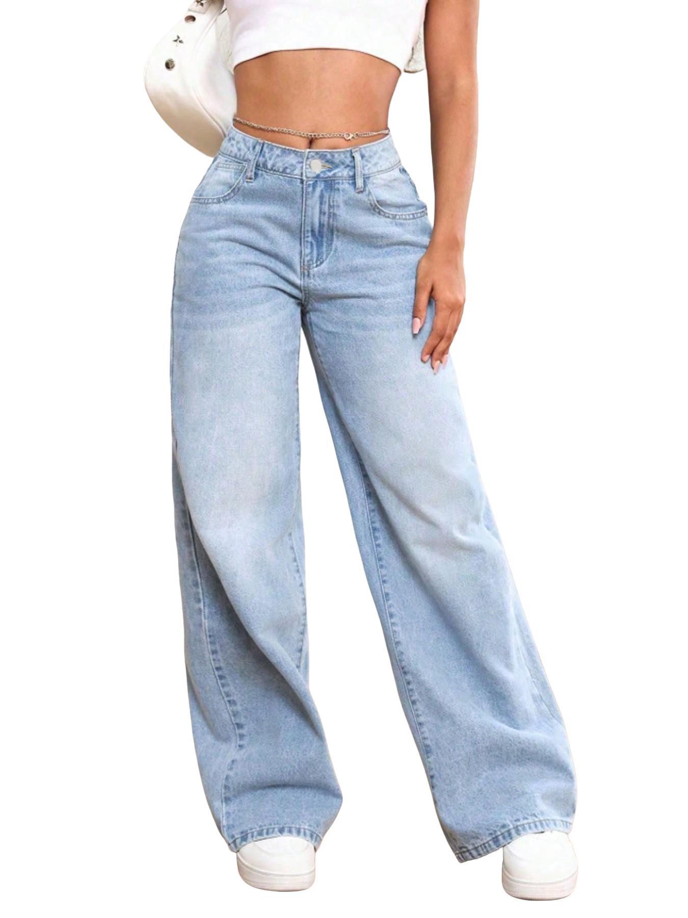 Teen Girls High Waisted Baggy Jeans, Summer Dark Washed Wide Leg Denim Jeans, Loose Straight Trousers 12-16y