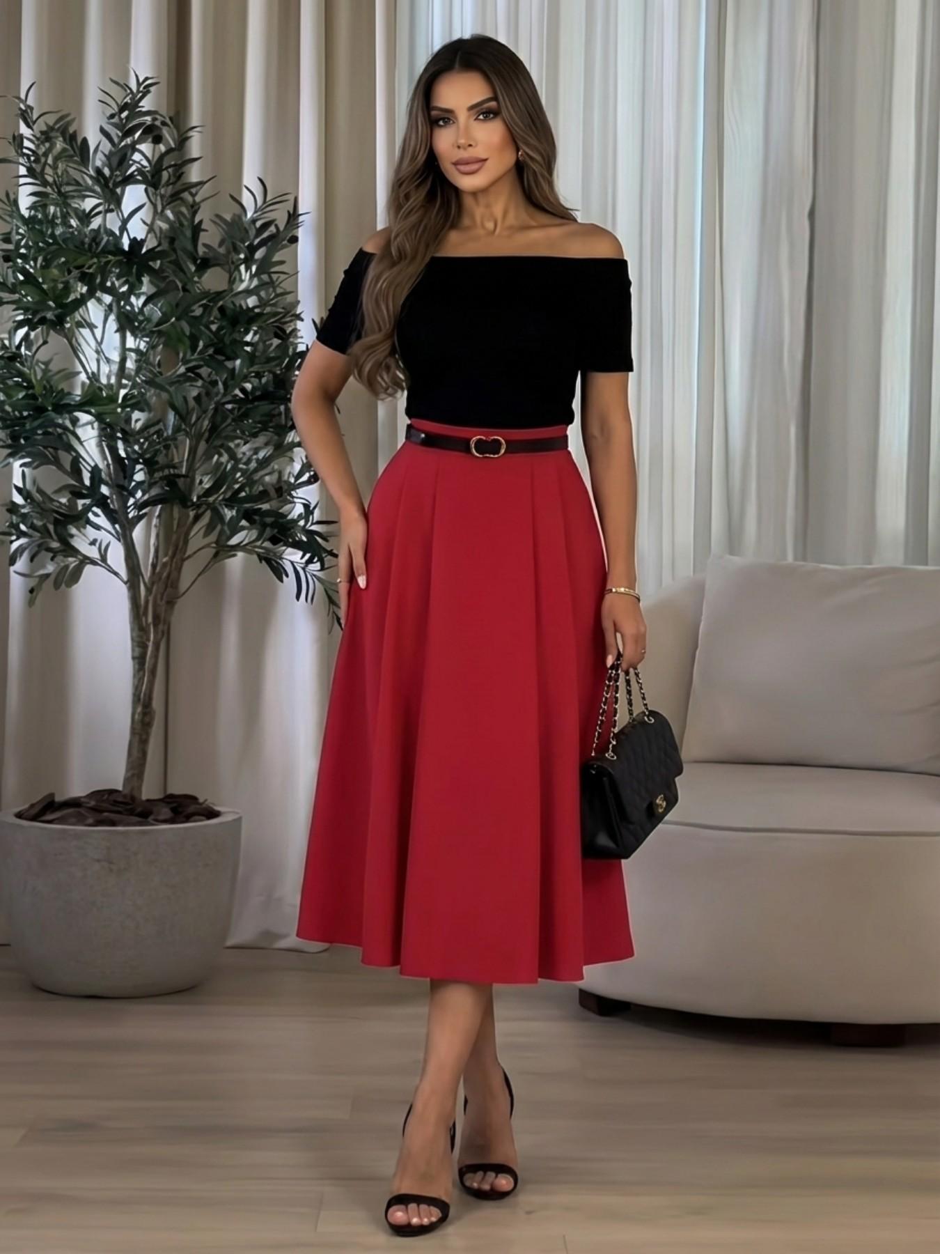 Women's High Waist A Line Midi Skirt 2026, Elegant Solid Red Swing Skirt with Belt, Casual Flared Skater Skirt, Trendy Office Workwear, Versatile Skirt for Date Night, Party, Brunch, Business Casual, Women's Chic Flowy Skirt for Spring Summer Fall