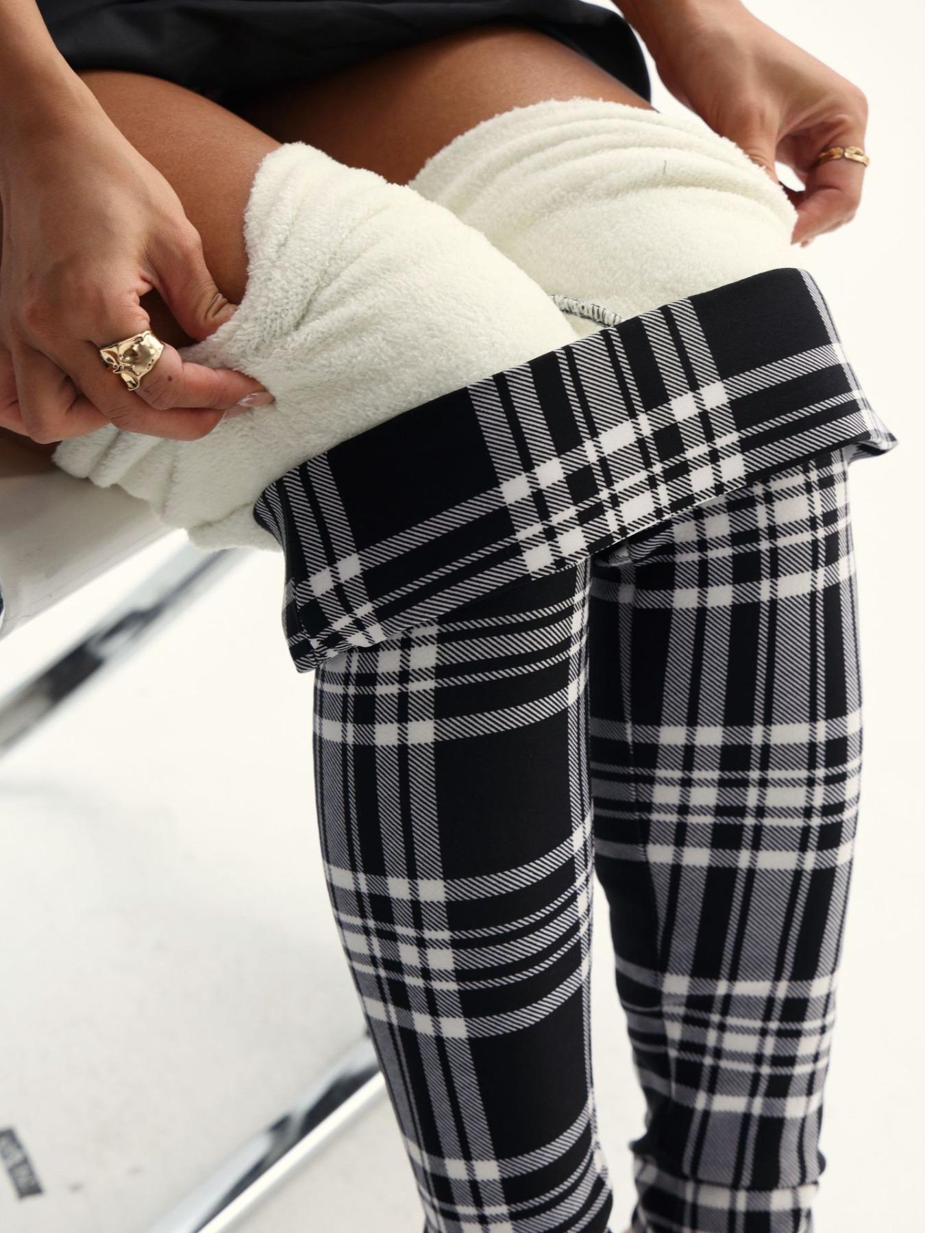 Women's Winter High Waist Plaid Fleece Lined Pants, Elastic Warm Lamb Velvet Nine-Point Leggings, Casual Fashion S-Xxl, Stretchy Soft Leggings