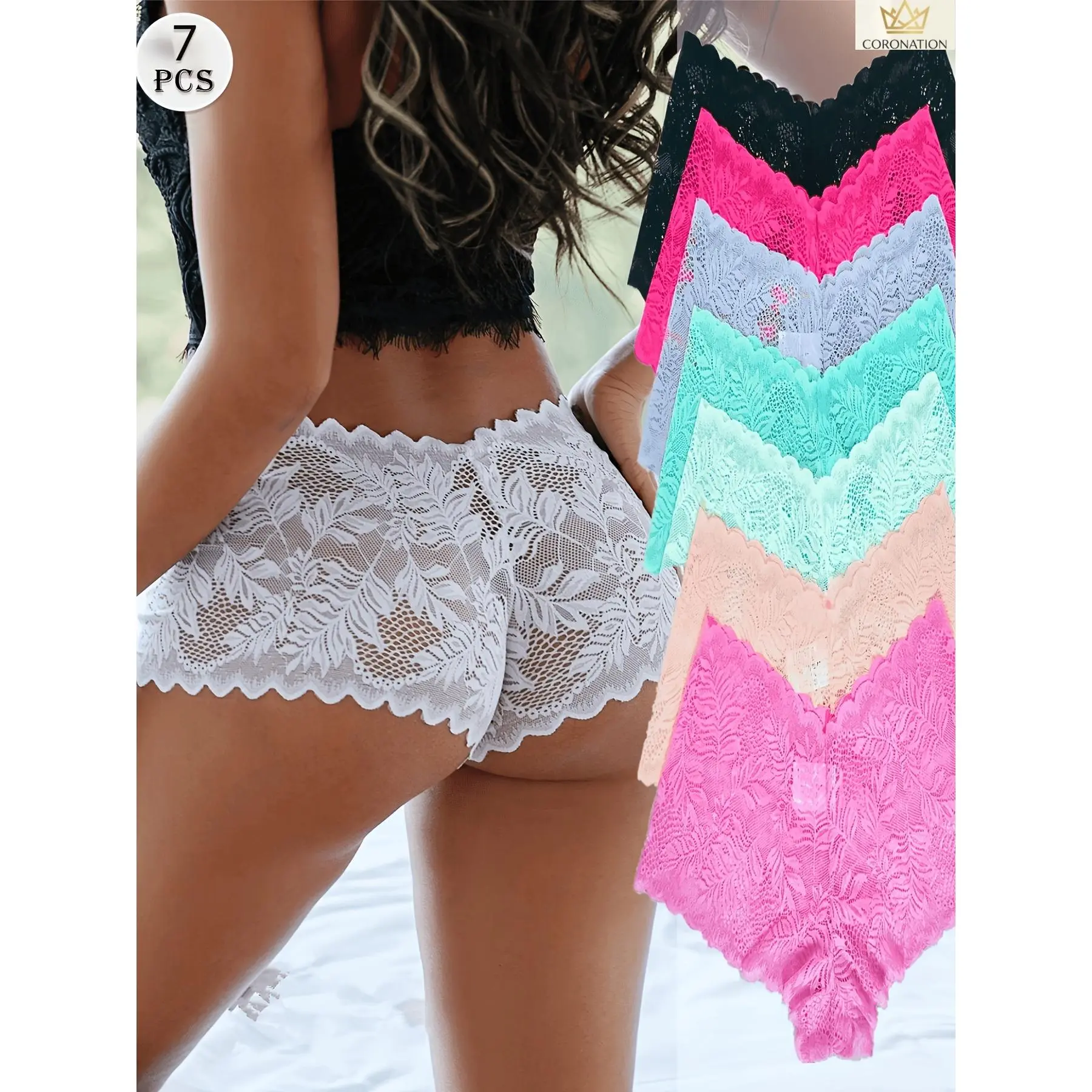 7-Pack Women's Lace Boxer Shorts, Aesthetic Feminine Underwear with Colorful Solid Colors, Soft Stretch Lace Boxer Briefs for Women, Cute Coquette Style Sleepwear Bottoms, Comfortable Breathable Everyday Wear for Lounge, Bedroom & Daily Outfits