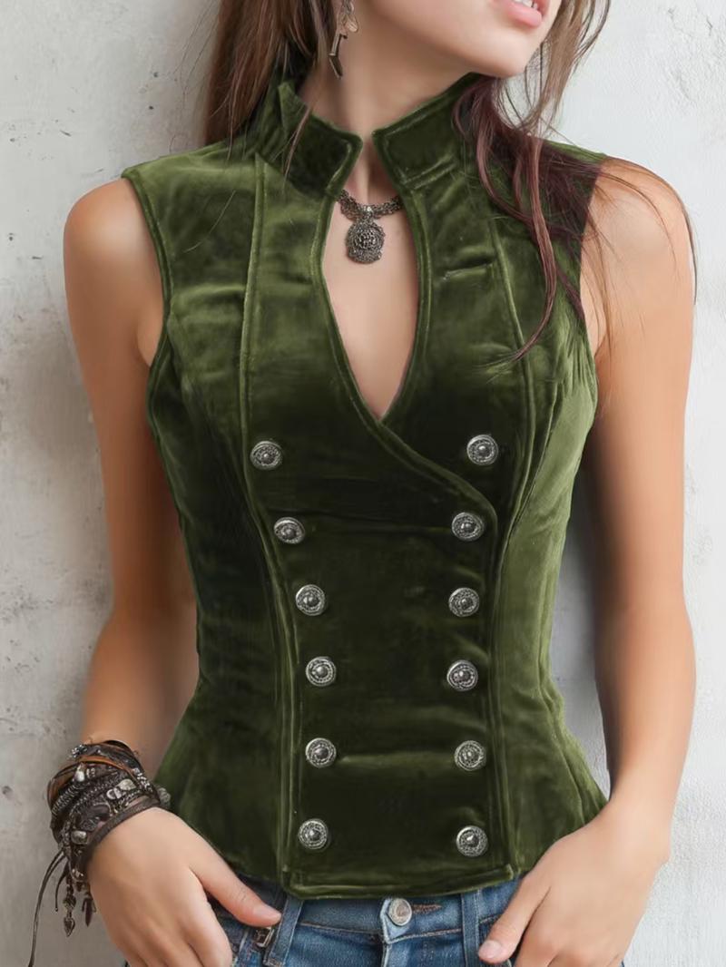 Women's American Fashion Stand Collar Button Vest, Sleeveless Short Plain Design, Casual Summer Wear, Perfect for Daily