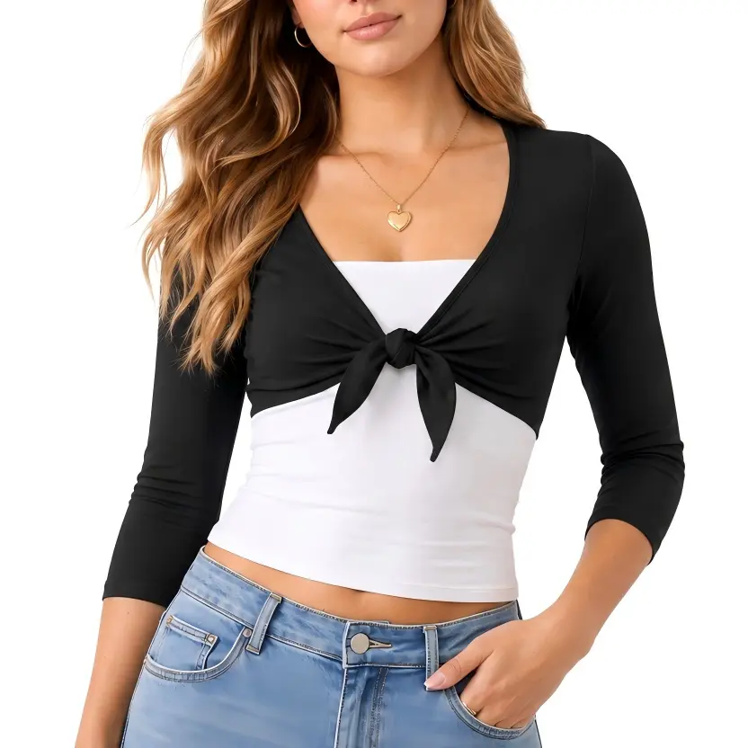 Y2K Tie-Front Bolero Shrug for Women, Black 3/4 Sleeve Cropped Cardigan, Open-Front Layering Top for Going Out, Dresses and Casual Outfits