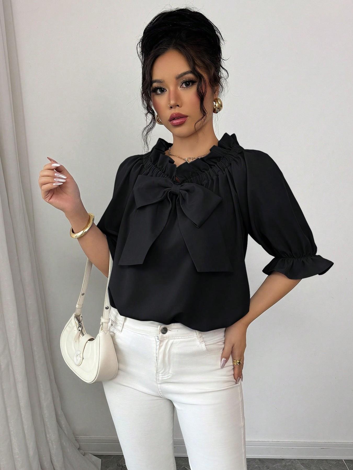 Women's Casual Chic Everyday Fashion Top with Bowknot Decoration, Versatile Fitted One-Shoulder Blouse for Valentine's Day, Dates, Commuting, Vacation