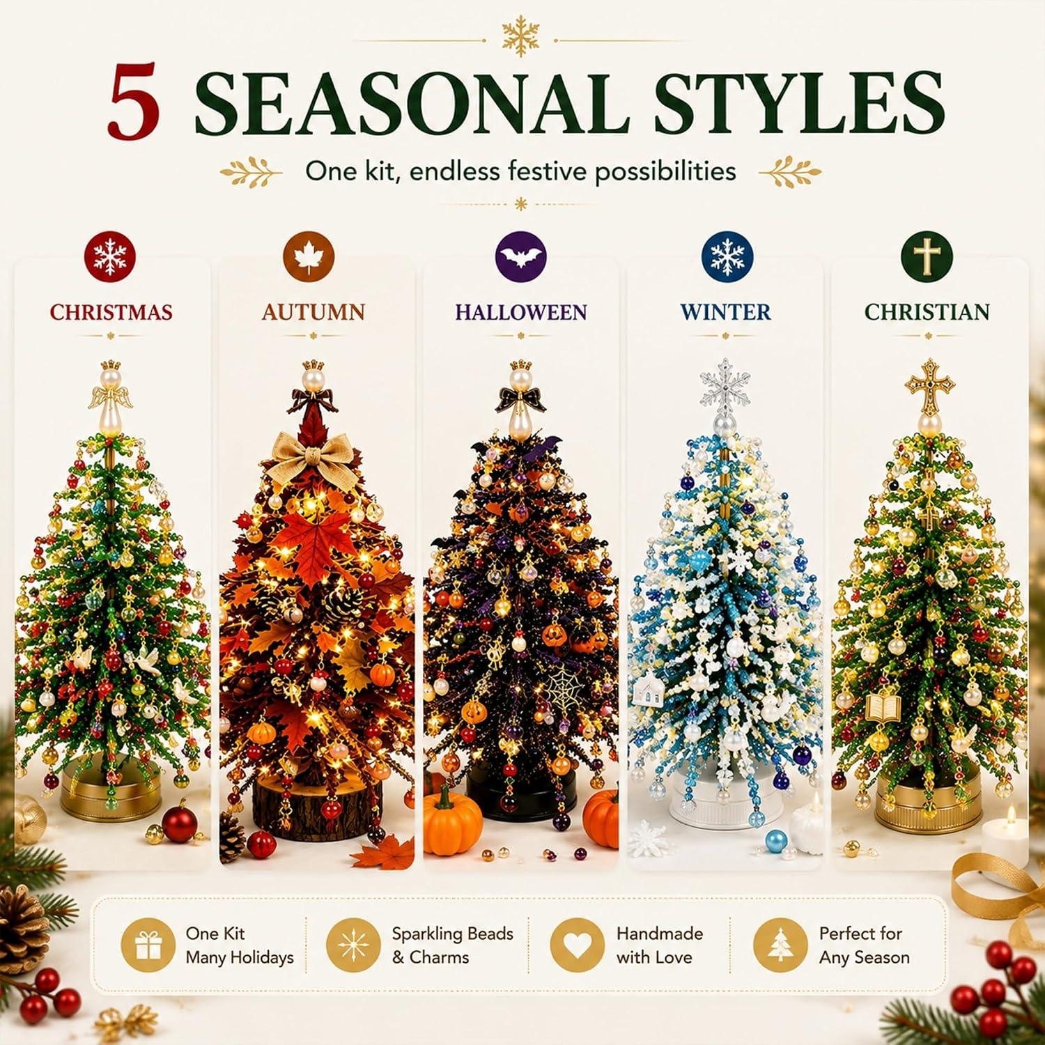Mini Beaded Desktop Christmas Tree Craft Kit with Colorful Pearls, DIY Small Christmas Tree Decor, Home Office Holiday Centerpiece