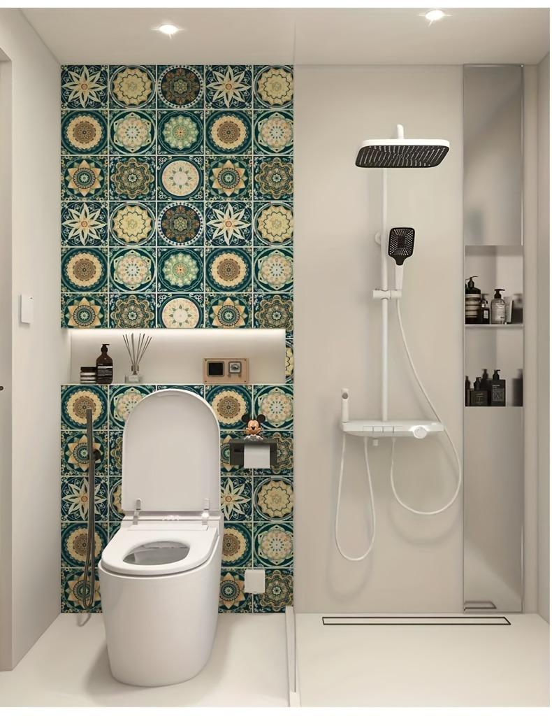 24pcs Waterproof Self-Adhesive PVC Moroccan Tile Stickers, 3.94 Inch, Tile Wall Stickers, Kitchen Living Room Bathroom Decor, Moisture-Proof, Easy Installation