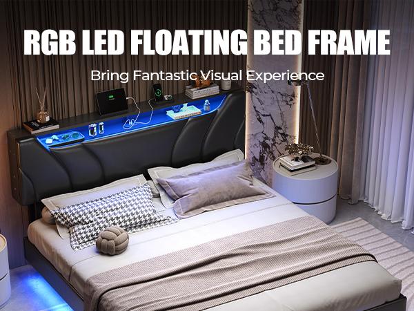 Hasuit Queen Floating Bed Frame with Storage Headboard and LED Lights Queen Size Visual Floating LED Bed Frame with Type-C & USB Port Upholstered Platform Bed with Storage,No Box Spring Needed