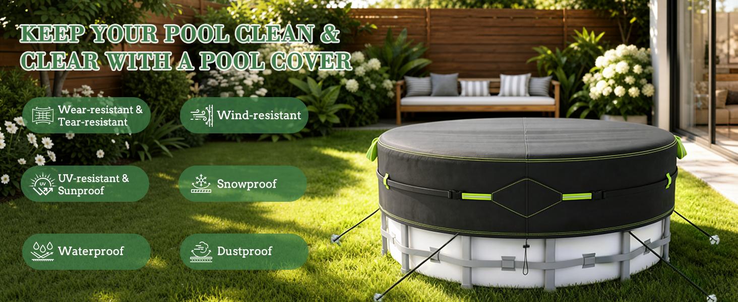 10Ft Round Pool Cover for Above Ground Pools, Safety Solar Pool Covers with Reflective Strips, Rope and Luminous Nails, Upgraded Thicker Oxford, PU Tarp Snug, UV Protected, Windproof, Tear Resistant