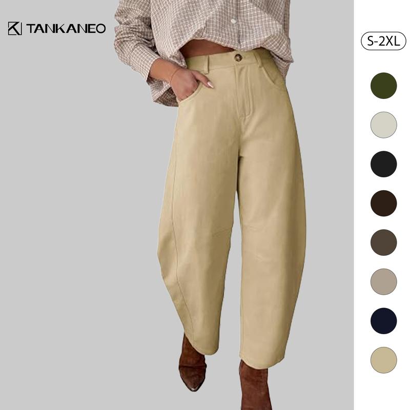 Tankaneo Lady's Baggy Barrel-Shaped Cropped Pants - Mid-Rise Wide-Leg Ankle-Length Casual Streetwear Bottoms, Polyester Blend, Side Pockets, Machine Washable