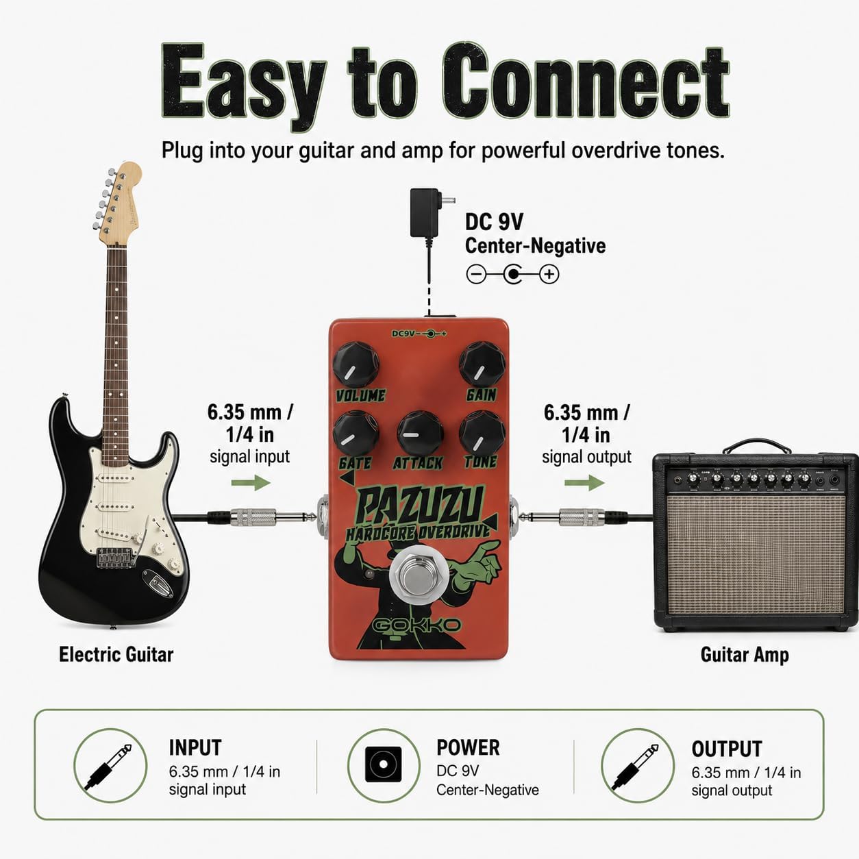 PAZUZU OVERDRIVE GK-62 - Multi-Tone Overdrive Pedal with Noise Gate, 6 Classic Overdrive Modes, Adjustable Attack & Tone Controls -  for Guitarists Seeking Versatile Overdrive