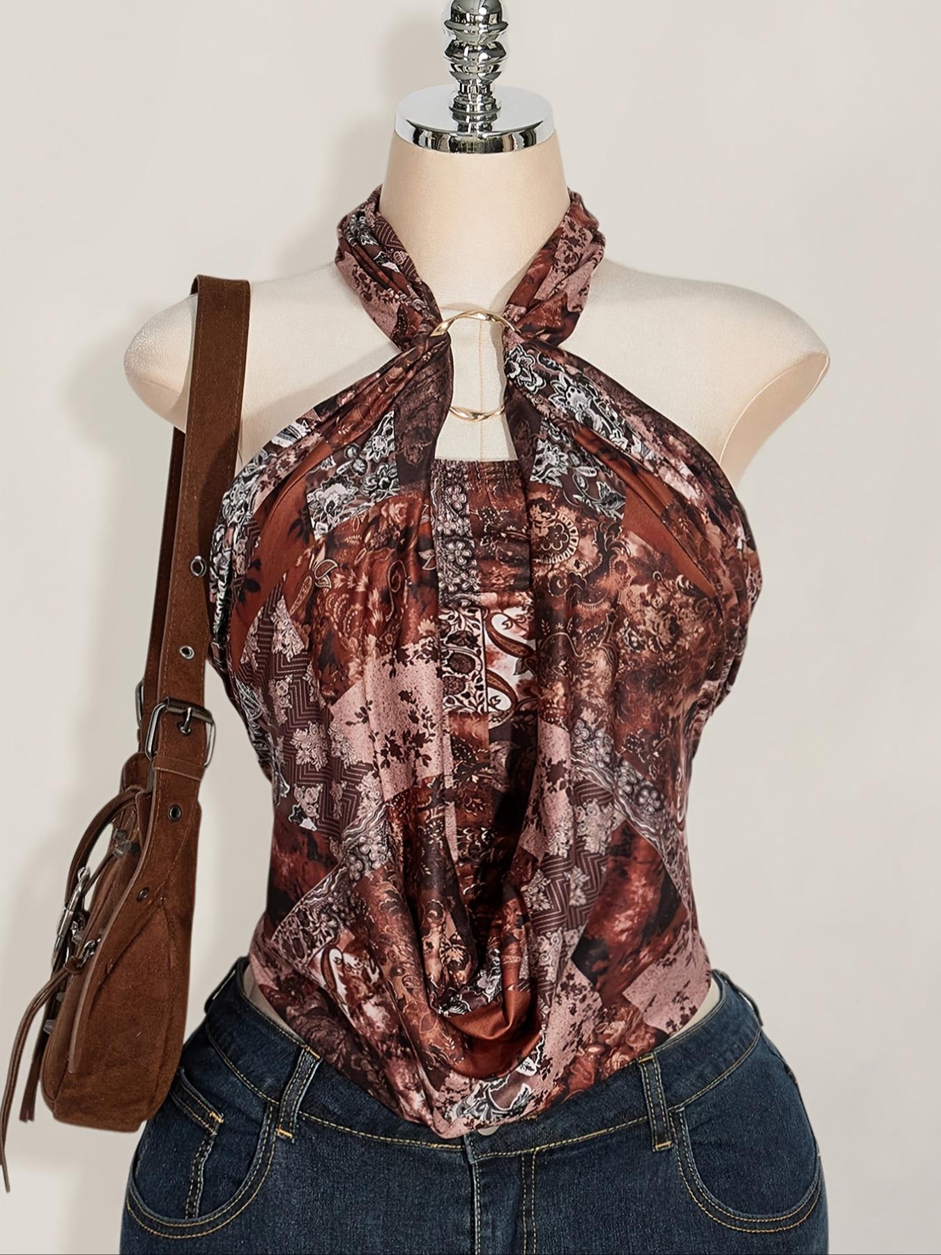 Women's Boho Halter Top, Bohemian Floral Print Sleeveless Blouse, Casual Fitted Beach Vacation, Party Wear, Vintage Style