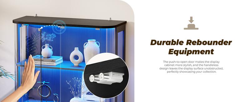 BROTTAR Large Display Cabinet with Glass Door, 4-Tier Curio Cabinet with 3 Color Lights for Collectibles, Glass Display Case with Transparent Full-Display Surface, Human Body Sensor, Black/White