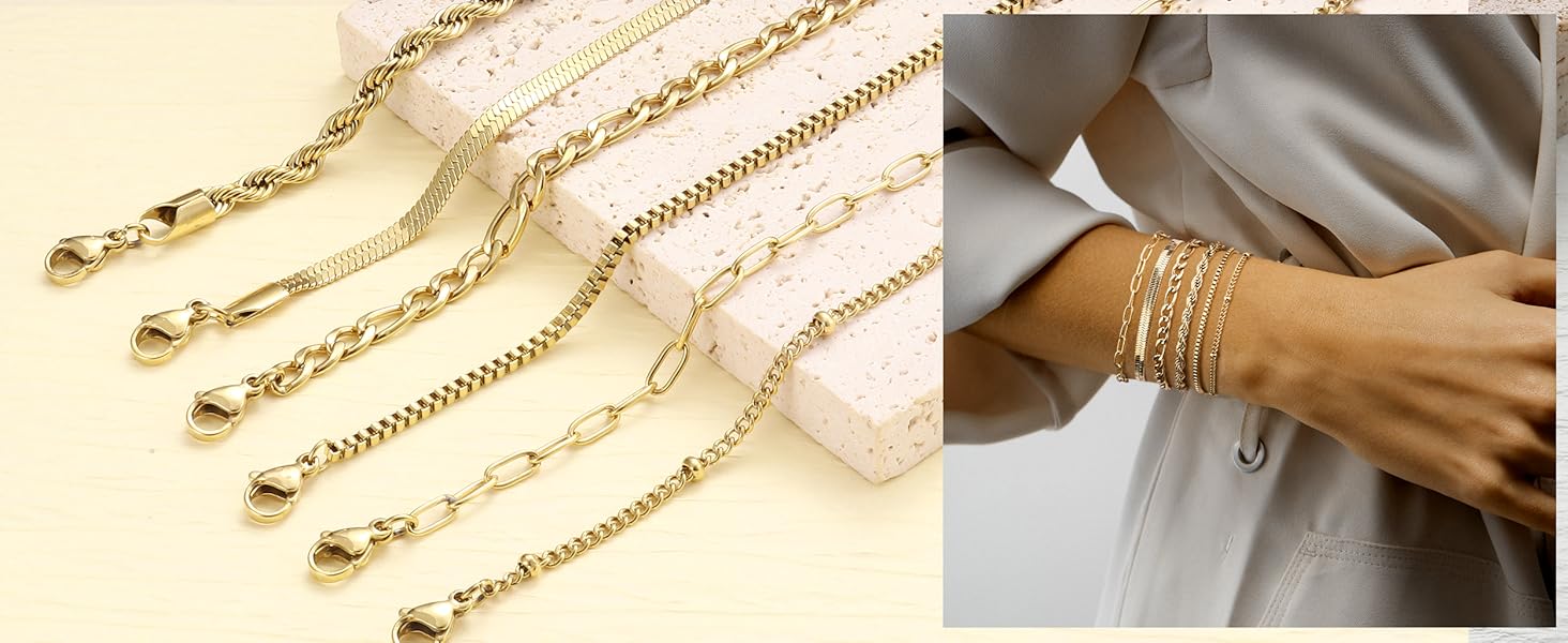 Gold Bracelets for Women Waterproof 14K Gold Plated Bracelet Stack Set Non Tarnish Trendy Thin Dainty Stackable Cuban Link Paperclip Chain Bracelet Pack Fashion Cute Jewelry Set