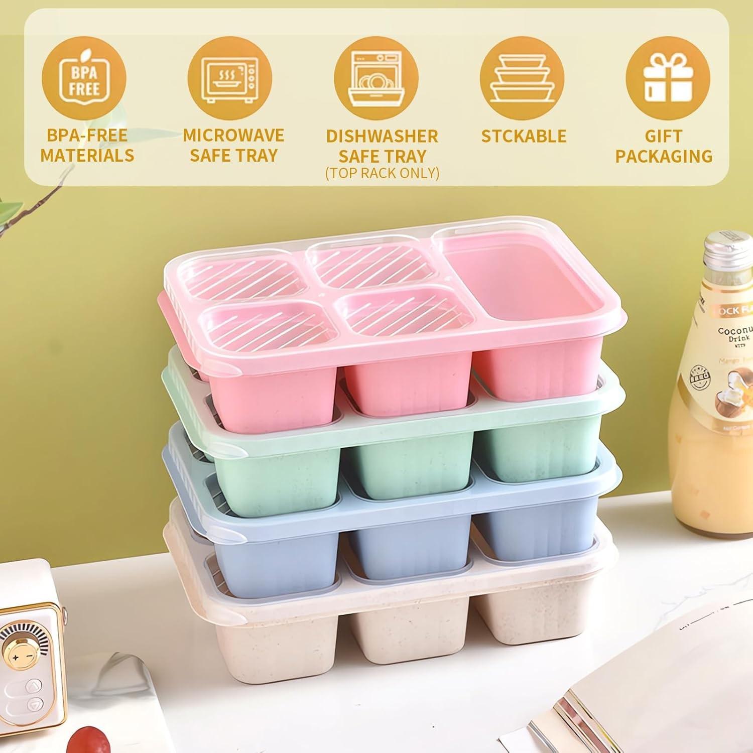 Wheat Straw Bento Snack Box Containers, 4-Pack 5-Compartment Meal Prep, Reusable Food Storage, Stackable, Ideal for Work & Travel, Lunch Boxes