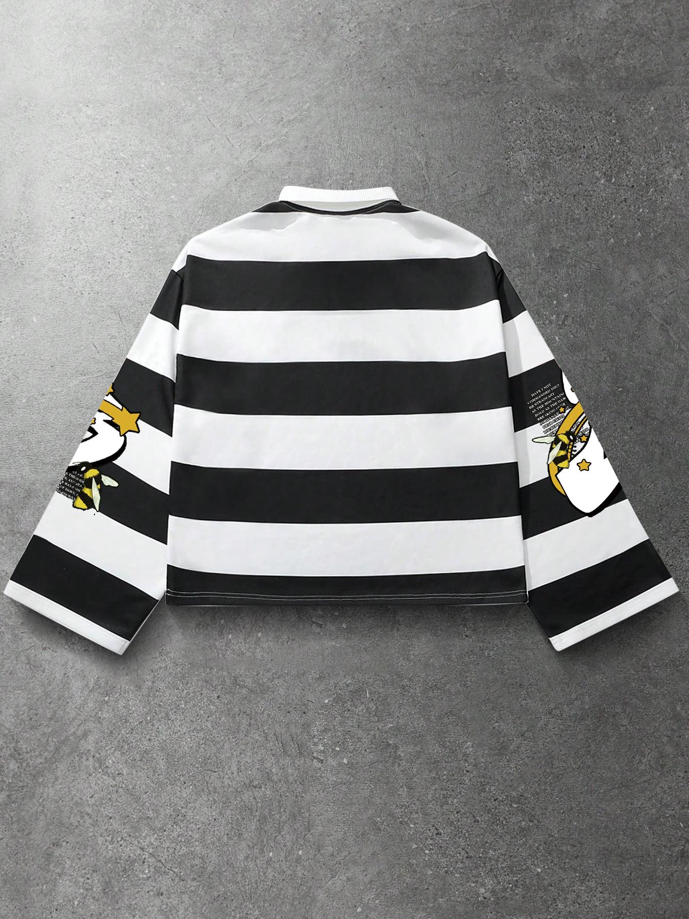 1 Piece Men's Long-Sleeve Polo Shirt, Streetwear Style with Black-White Stripe, Graphic Bee and Poetic Text Print for Casual Daily Wear and Outings