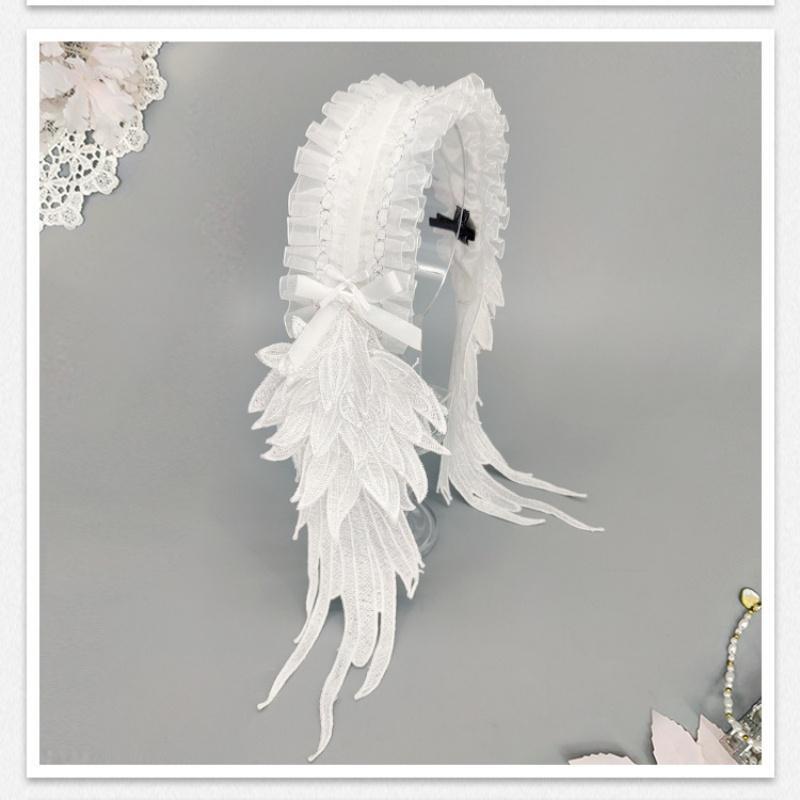 Dark Gothic Lolita Harajuku Hairband Angel Feather Wings Lace Trimmed Headpiece Black& white Lolita Wing Hair Accessories
