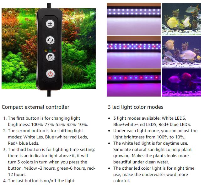 hygger Full Spectrum Aquarium Light with Aluminum Alloy Shell Extendable Brackets, White Blue Red LEDs, External Controller, for Freshwater Fish Tank