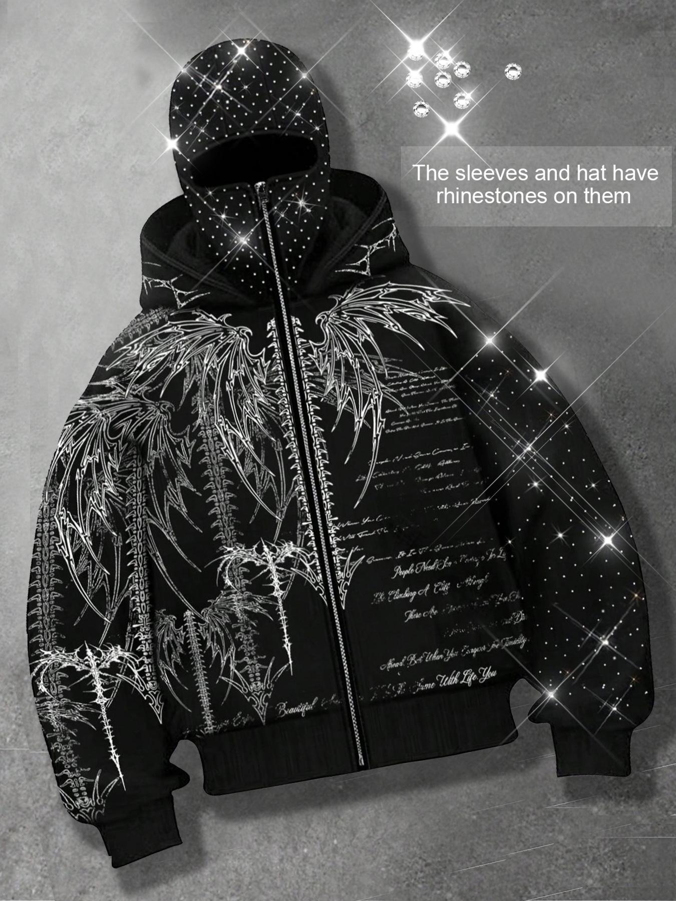 Shining rhinestones, windproof hat zipper hoodie for men, Gothic style skeleton cardigan hoodie for men and women, European and American street casual fashion brand jacket, autumn and winter velvet hoodie, party nightclub Instagram style