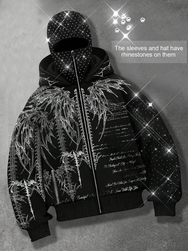 Shining rhinestones, windproof hat zipper hoodie for men, Gothic style skeleton cardigan hoodie for men and women, European and American street casual fashion brand jacket, autumn and winter velvet hoodie, party nightclub Instagram style