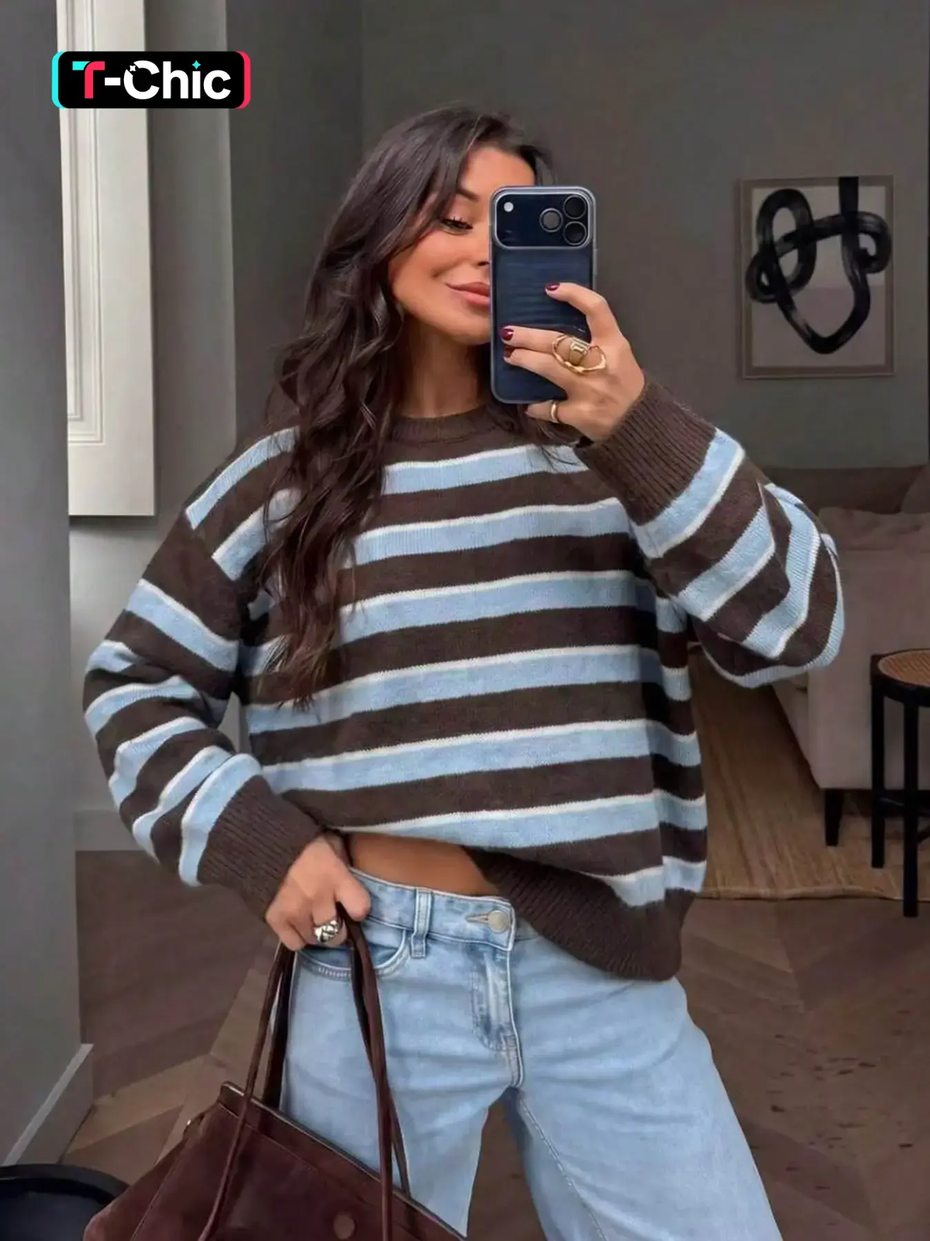 Vintage College Style Striped Round Neck Sweater Women, Loose Shoulder Long Sleeve Knit Pullover, Y2K Fall Winter Soft Warm Top