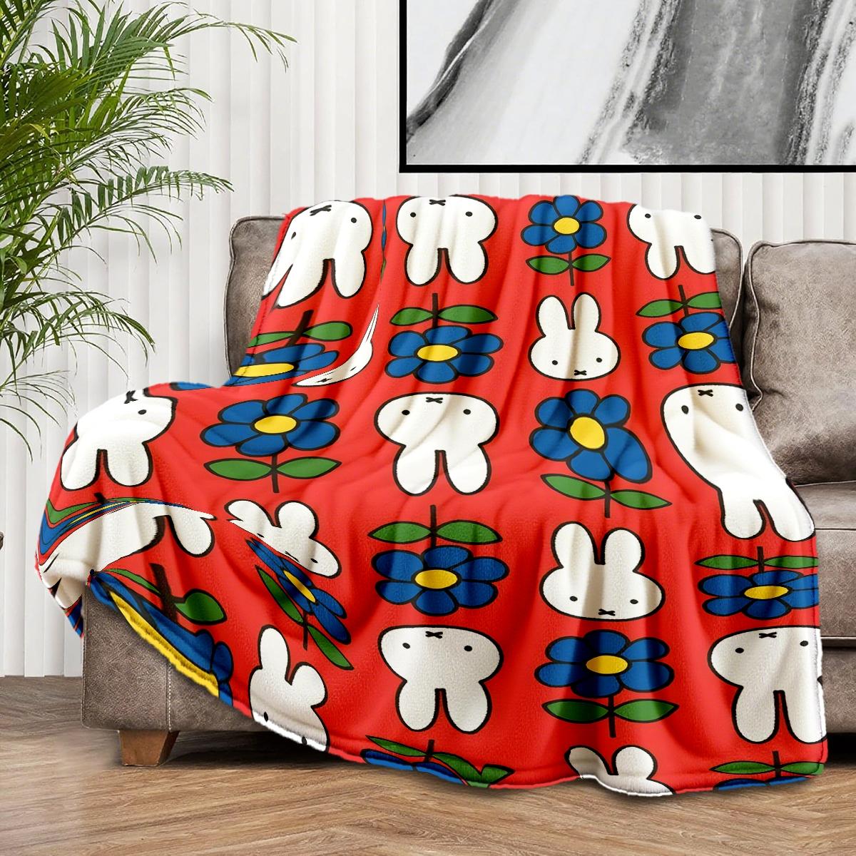 Miffy Rabbit Floral Flannel Cozy Blanket, Soft Lightweight Warm, 100% Fiber, Perfect for Bed Sofa Office Camping Travel Gift