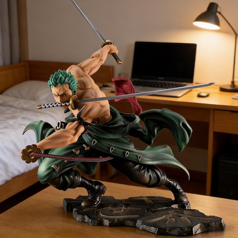 One Piece Roronoa Zoro Figure! Three Sword Style Battle Pose with Muscle Detail，Stunning Zoro Action Figure, Perfect Desk Decor for Otakus，Roronoa Zoro Three Sword Style Statue