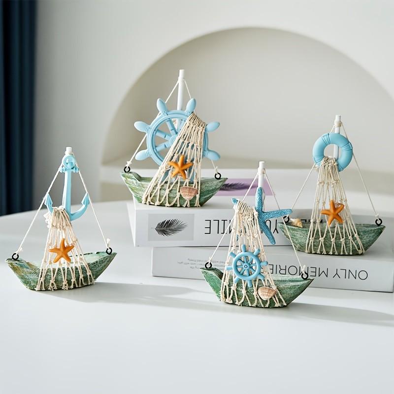 Handmade Mediterranean Style Wooden Ship Decorations Set, Includes Anchor Steering Wheel and Starfish, Blue Design, Nautical Theme Desk