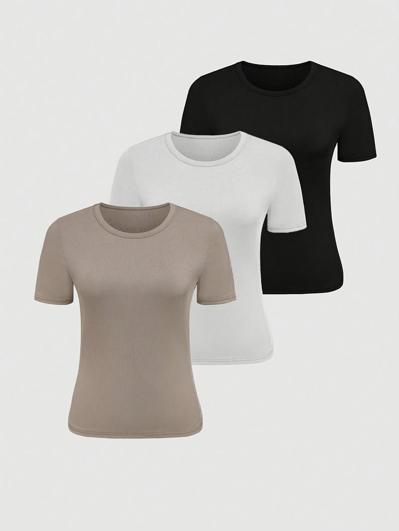 Women's Casual Slim Fit Short Sleeve Round Neck Top, 3 Piece Set, Plain Ribbed Knit, Medium Stretch, Summer & Fall Wear