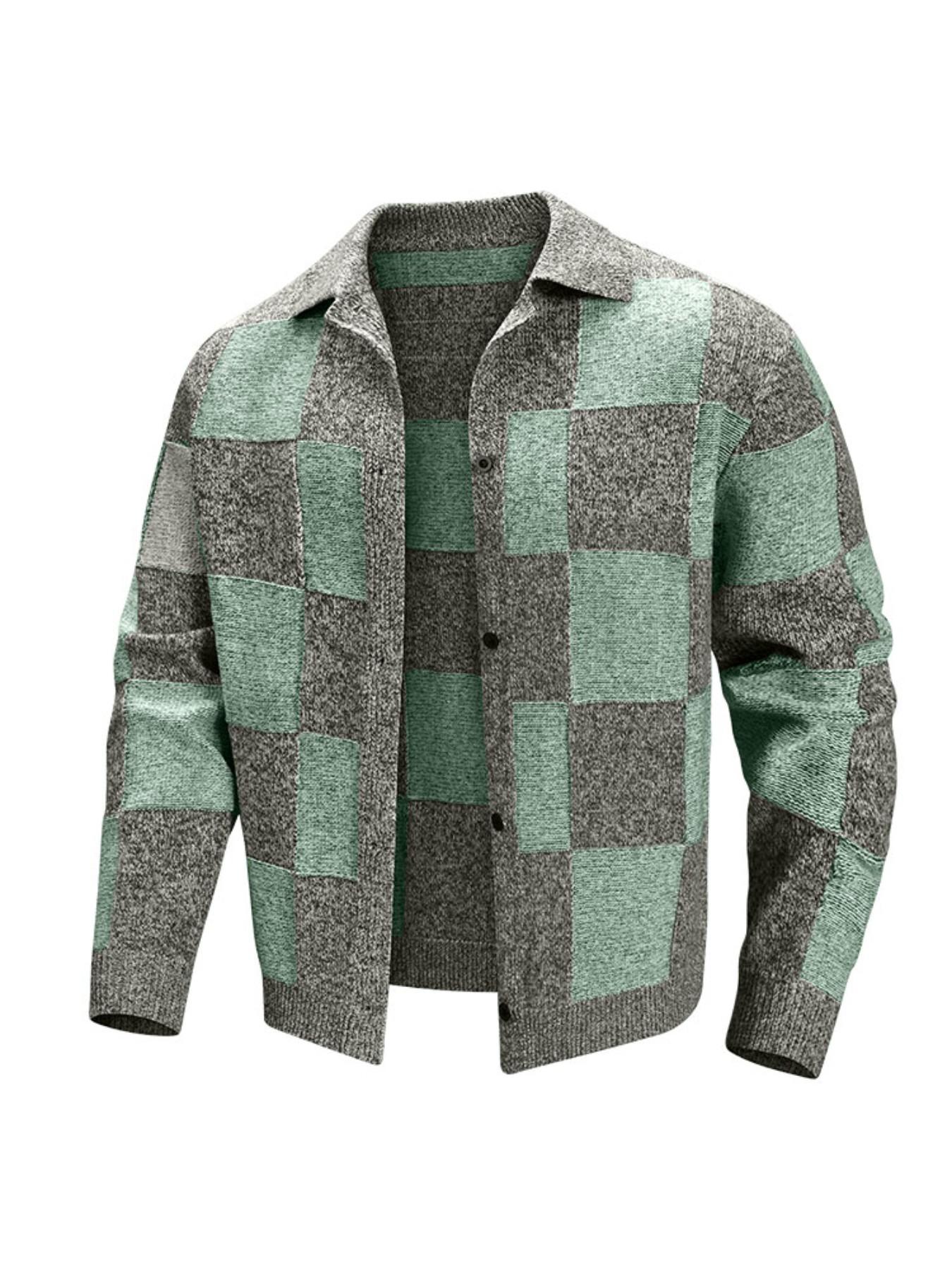 Men's Colorful Plaid Knit Cardigan, Patchwork Check Design, Vintage Stand Collar Soft Button Open Front, Casual Streetwear
