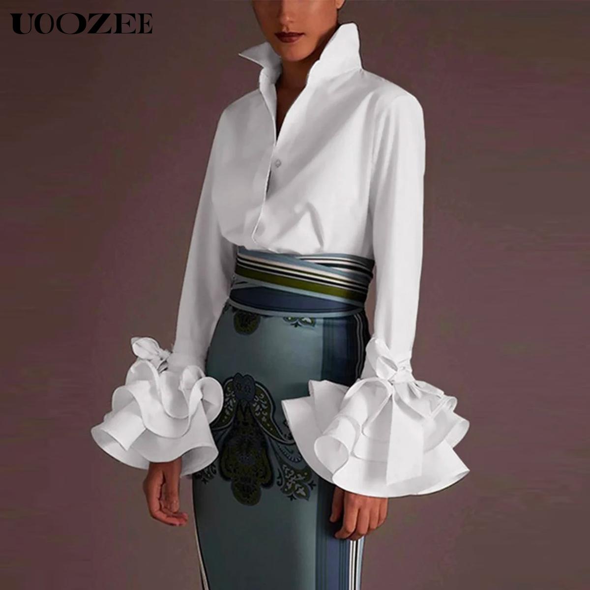 Flared Sleeves Bow-Embellished Falbala Solid Color Lapel Blouses&Shirts Tops Womenswear Casual Elegant Basic Outfit