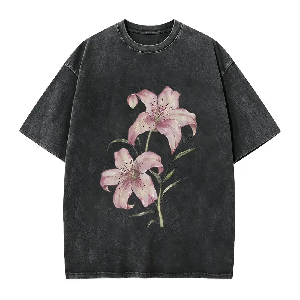 Pink Lily Floral T-Shirt, Tree Shirt, Natural Tee, Gifts Shirt, Unisex Vintage Graphic Tees Gothic Grunge Y2k Emo Scene Amity Affliction Style Clothes Men Women Streetwear