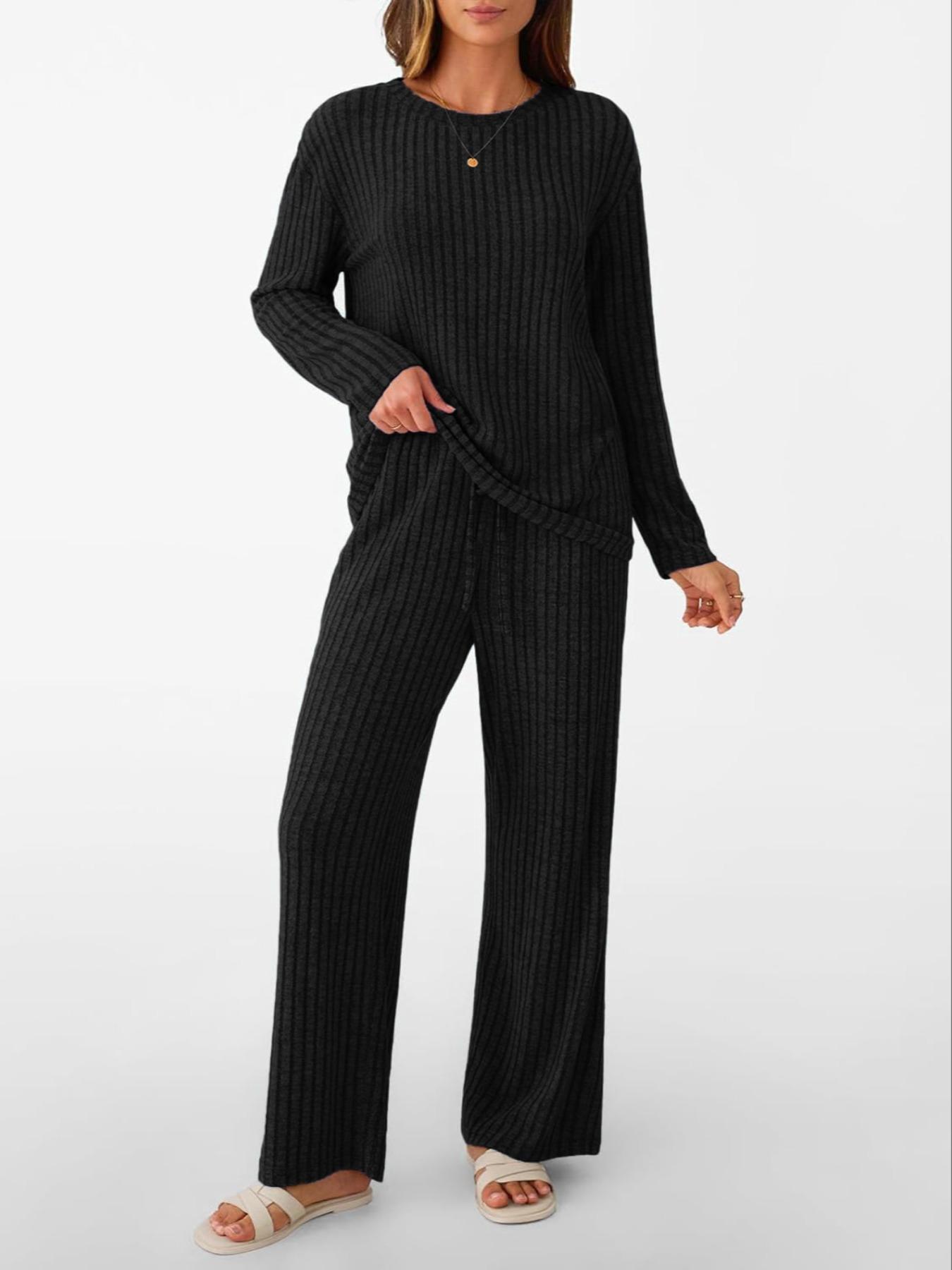 Womens Lounge Sets 2 Piece Matching Pajamas Fall Fashion 2025 Ribbed Knit Outfits Long Sleeve Casual Sweatsuits