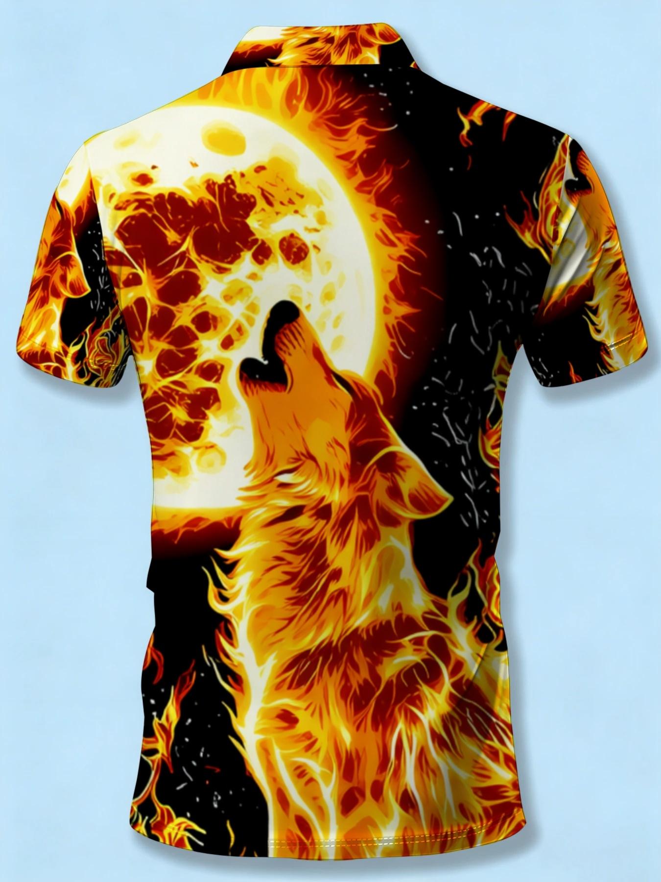 Men's Short Sleeve Hawaiian Polo Shirt with Flame Wolf Pattern, Summer Beach Casual Printed Top