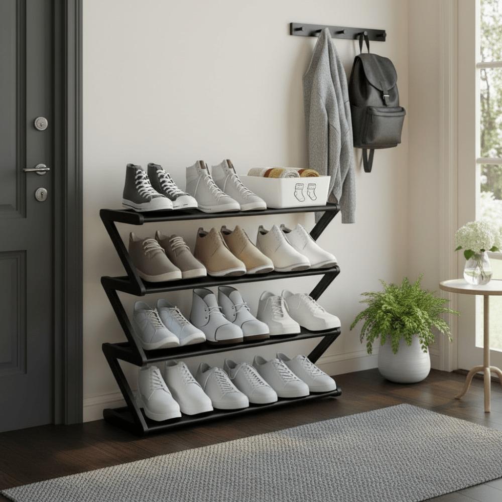 4-Layer Foldable Z-Shaped Shoe Rack, Easy Assembly, Durable Plastic, Space-Saving Design, Ideal for Home, Dormitory, Entrance