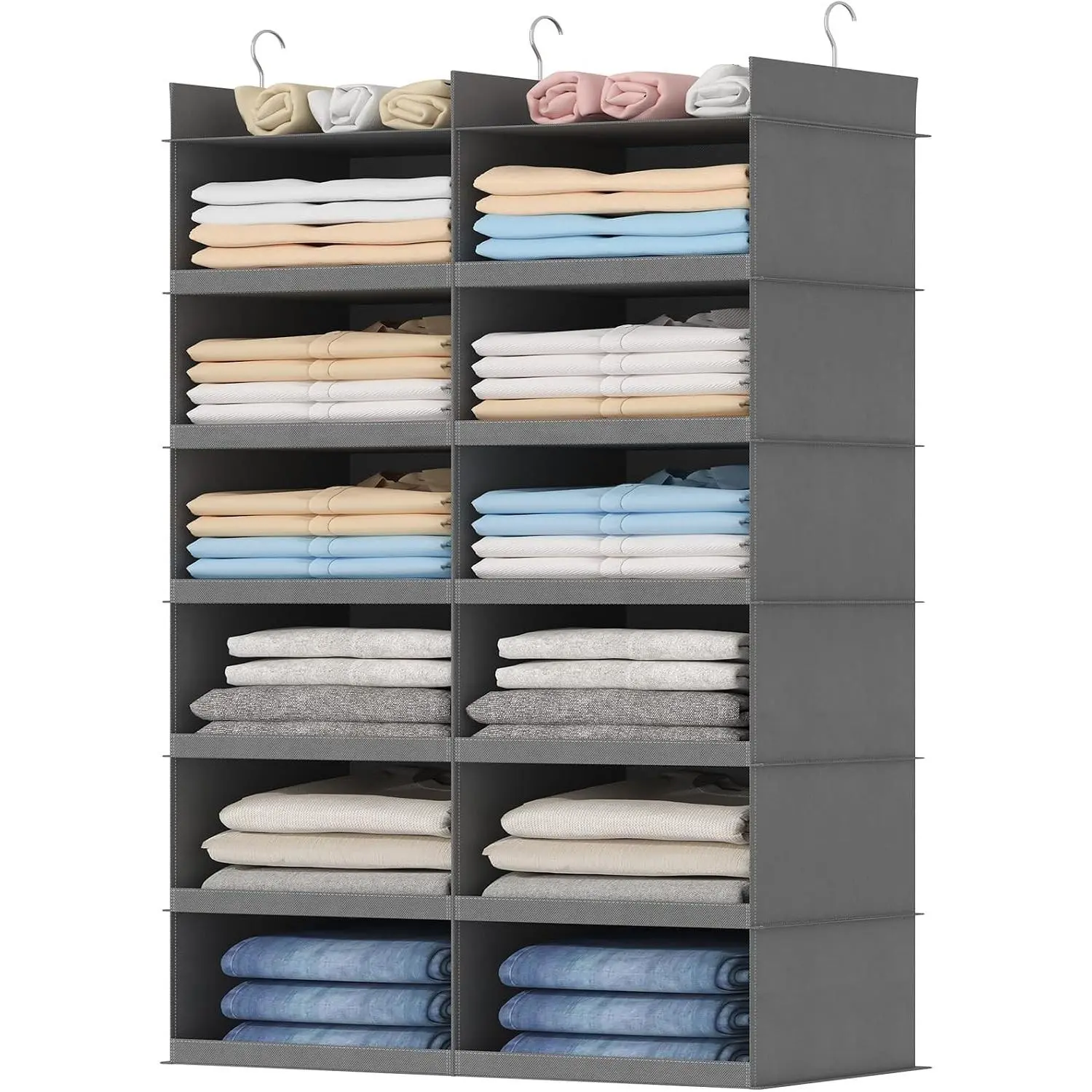 Dual-Row 6 Tier Hanging Closet Organizer and Storage, Wide Clothes Storage Shelves with 3 Sturdy Hooks for Clothing Organization, Large Foldable Sweater Shelf for Bedroom, 12 Sections, Grey