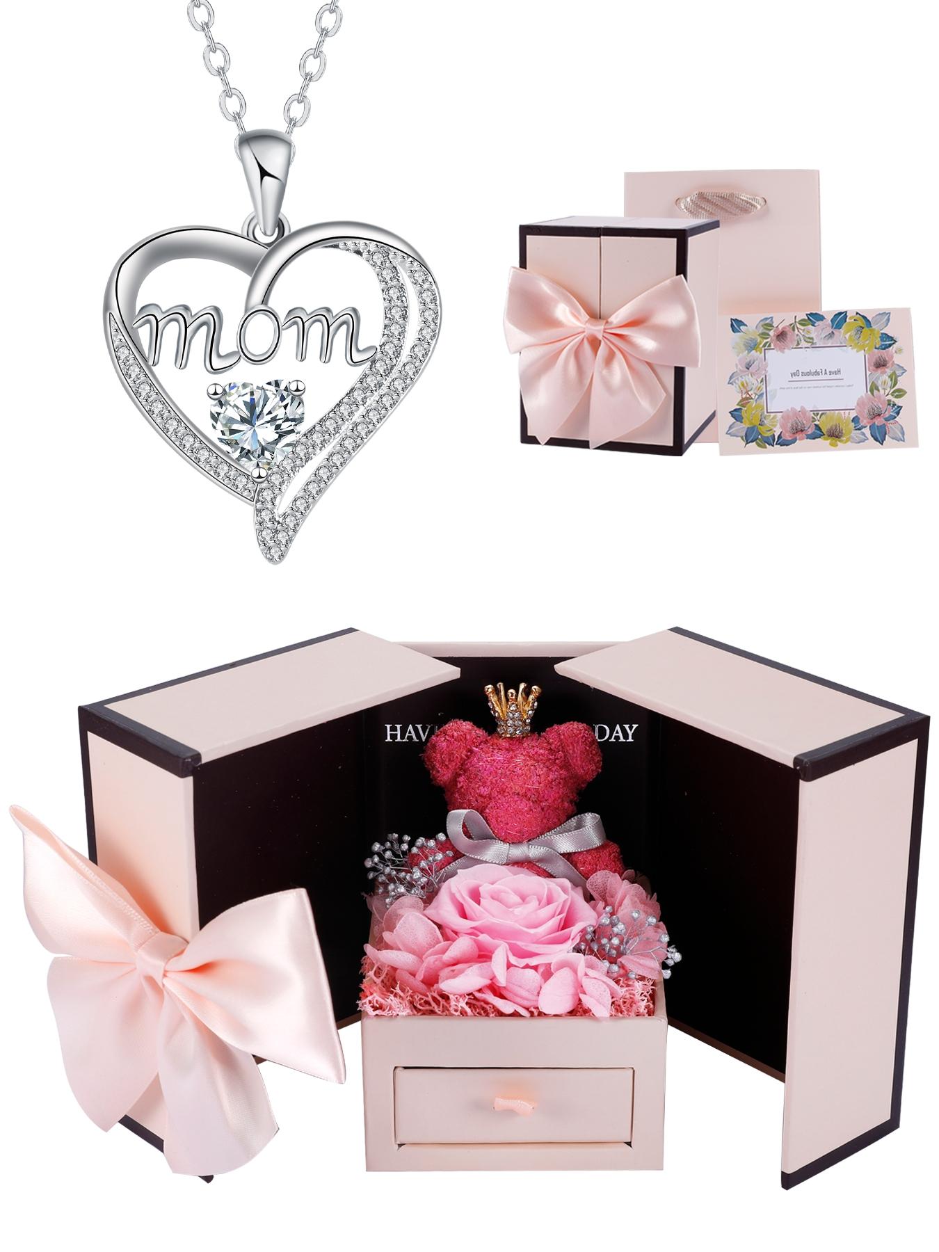 Apple Shape Rose Jewelry Gift Box With Love Heart Mom Pendant Necklace, Anniversary Birthday Jewelry First Mom Gifts for Women Wife, Mother's Day Jewelry Gift for Mom Heart Design Necklace