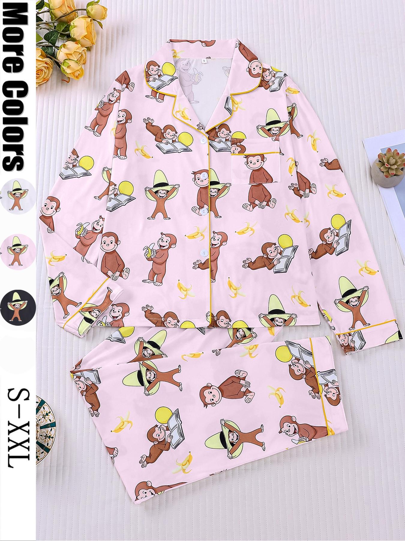 Women's Monkey Banana Print Pajama Set Pjs, Comfortable Long Sleeve Button Shirt & Elastic Pants, Casual Home Wear Loungewear for All Seasons