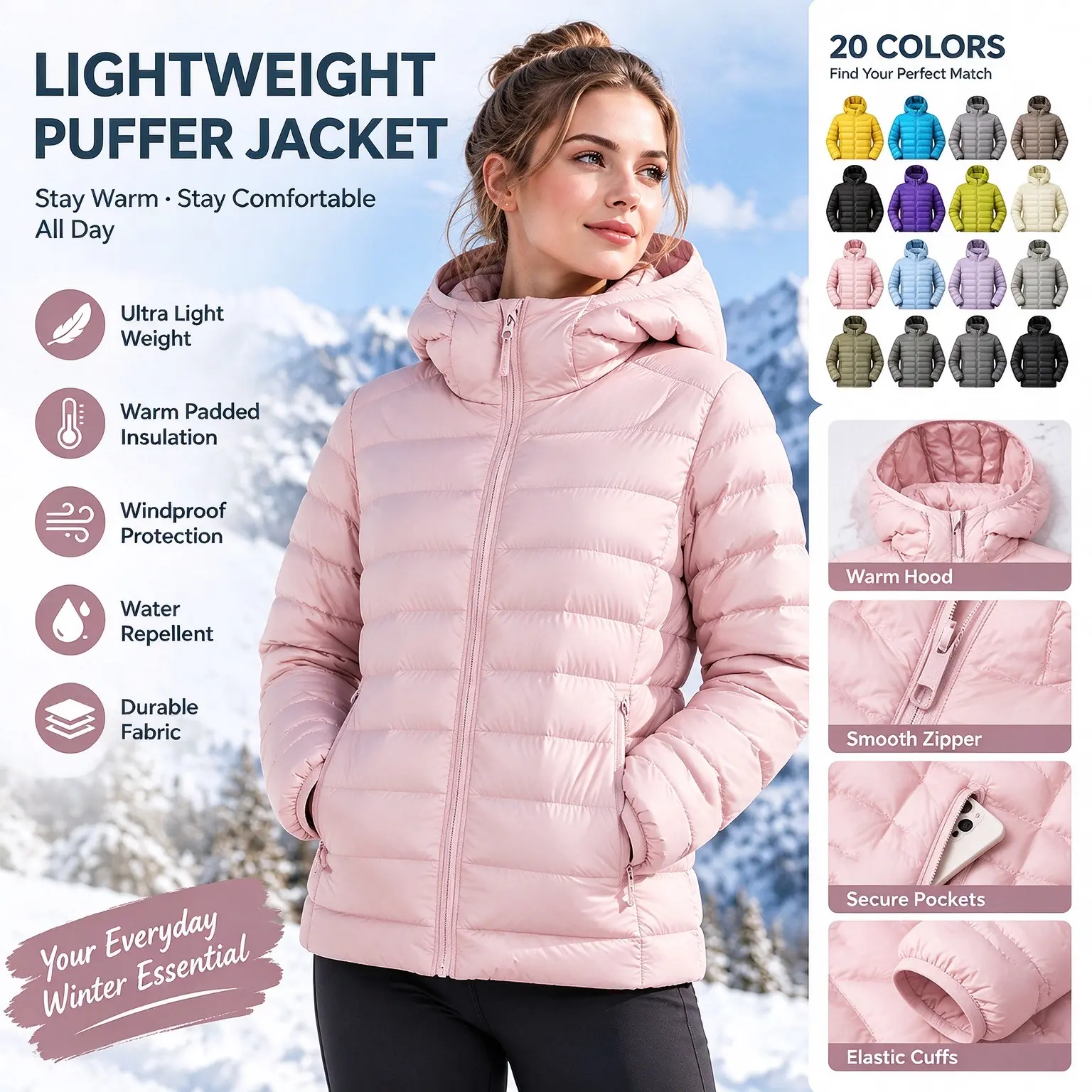 Womens Pink Lightweight Puffer Jacket, Packable Winter Hooded Coat, Loose Fit Casual Outerwear with Pockets, Great for Daily Wear School Dating