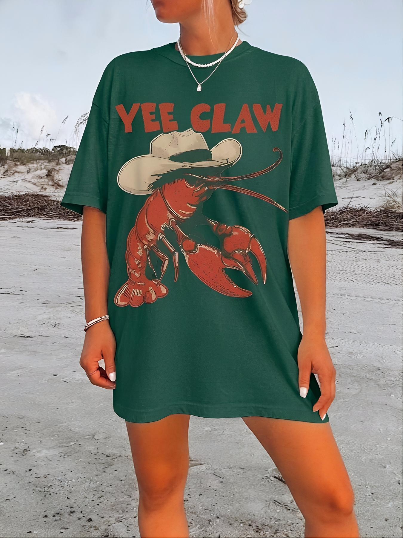 Cowboy Crawfish Vintage Oversized Graphic T-Shirt Beachwear Summer Vacation Western Style Funny Lobster Tee Casual Streetwear Coastal Aesthetic Soft Trendy Outfit Women Holiday Fashion Cute Graphic Tee Comfortable Loose Fit Summer Top Beach Outfit Street
