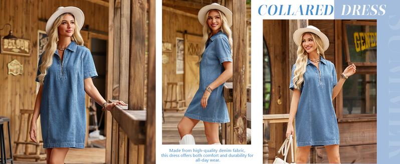 FMEYOA Womens Denim Shirt Dress Summer Collared V Neck Mini Casual Jean Dresses with Pockets