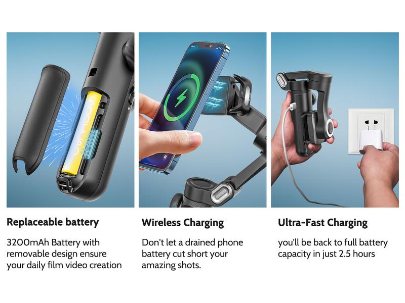 AOCHUAN Gimbal Stabilizer for Smartphone, 3-Axis iPhone Gimbal, Portable Gimbal w/OLED Display for iPhone/Andriod, Gimbal stabilizer, Phone Gimbal stand with Face/Object Tracking for Tiktok Youtube, long-short video, Vlog-Smart X Pro black