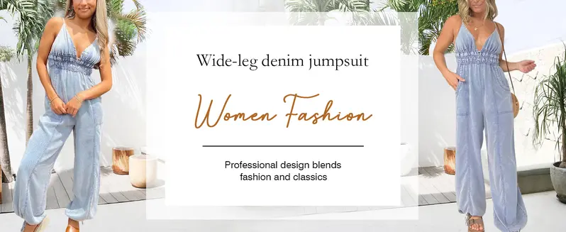 utcoco Women's Retro Cotton Denim Overalls Jumpsuit - Spaghetti Straps, Sleeveless, Deep V-Neck, Adjustable Straps, Elastic Waist, Wide-Leg, Functional Pockets, Casual Lounge-Party Wear