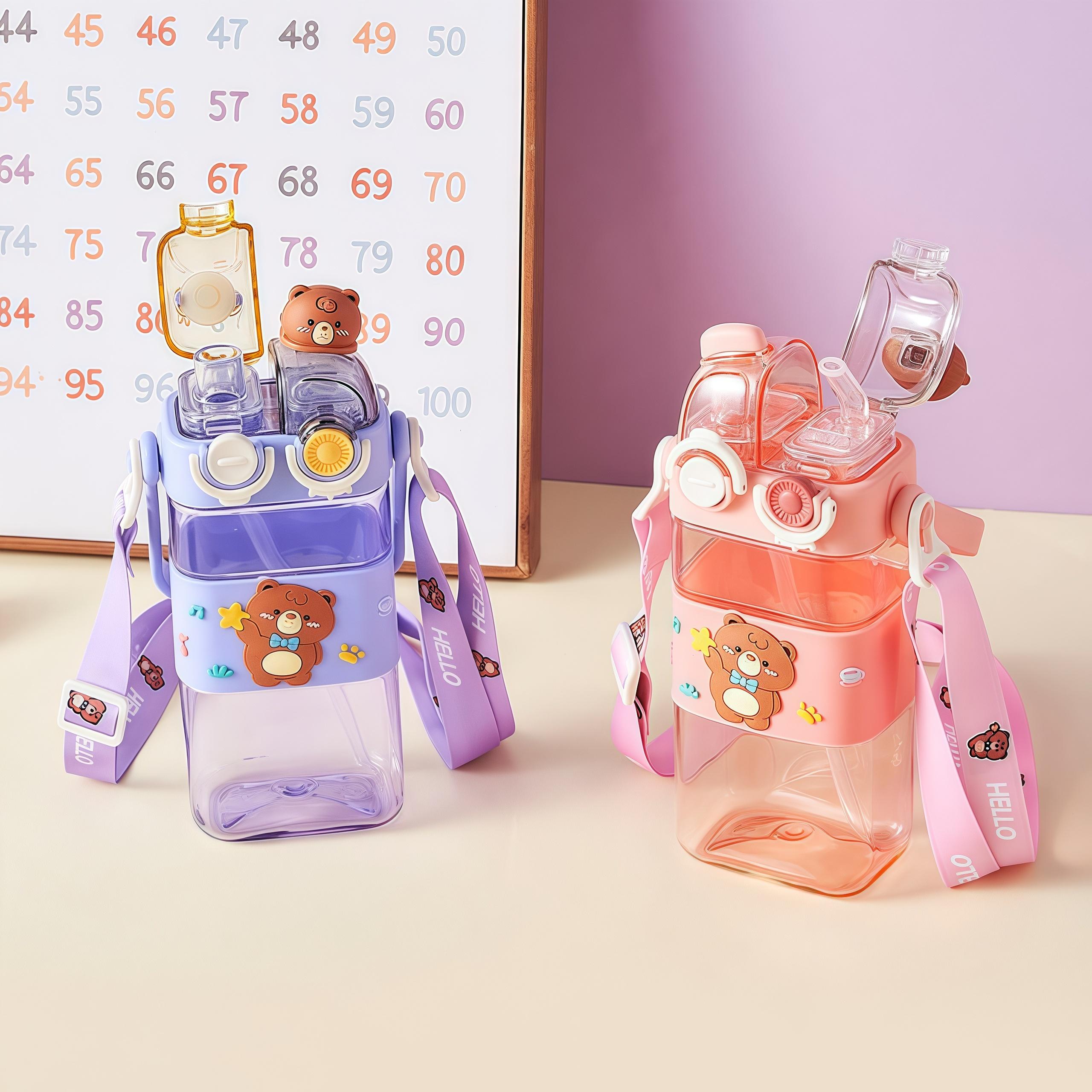 UFORU Press-type bear water bottle,19.61oz Portable outdoor sports water bottle PP material, heat insulation, drop resistance, no peculiar smell,design for  Boys and Girls, outdoor and home Mug Bottled Reusable Cup Drinkware Lid Straw Washable Kids