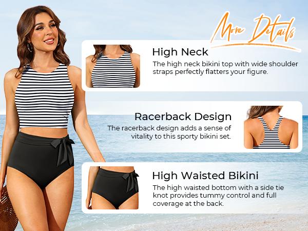 Aqua Eve Women High Waisted Bikini Set Racerback Swimsuit Two Piece Bathing Suit High Neck Swimwear Tankini Outfit Activewear