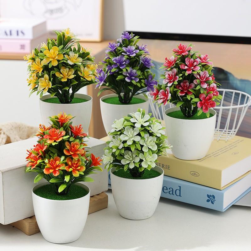 Decorative Ornament Artificial Flower Potted Plant Indoor Home Table Decor, Five-Leaf Plum Blossom Plastic Flower Plant