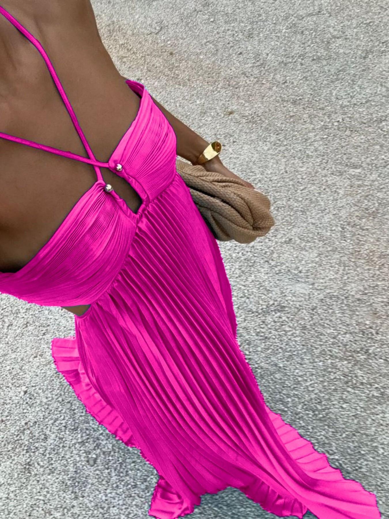 Women's Pleated Halter Neck Sleeveless Maxi Dress with Adjustable Strap, High-Waist Backless A-Line Dress with Back Tie, Elegant Aesthetic Solid Summer Dress